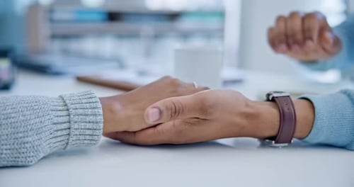 Hands, business people and support in a meeting, teamwork and comfort with solidarity
