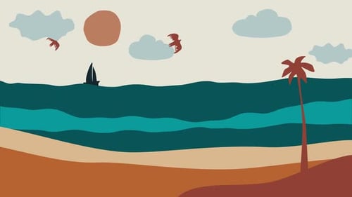Animated Flat Design Beach Scene with Ocean, Palm Tree, Birds, and Sailboat