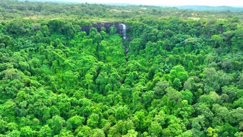 A breathtaking waterfall cascades from a towering cliff.