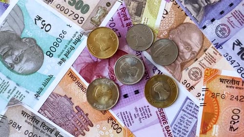 Indian paper currency, rupees, for financial transactions and exchange. Indian rupee