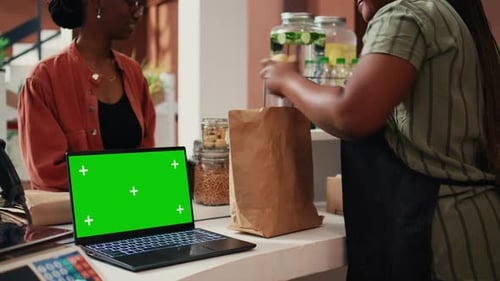 Grocery Store Checkout with Green Screen Laptop