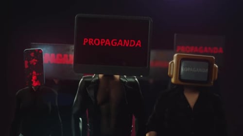 Propaganda Message Displayed on Walking Screen Head Figures