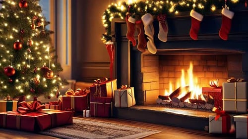 Quarto encantador com lareira, meias, árvore de Natal e presentes