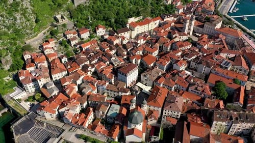 Aerial view of the old town of Kotor, Montenegro. Bay of Kotor bay is one of the most beautiful plac