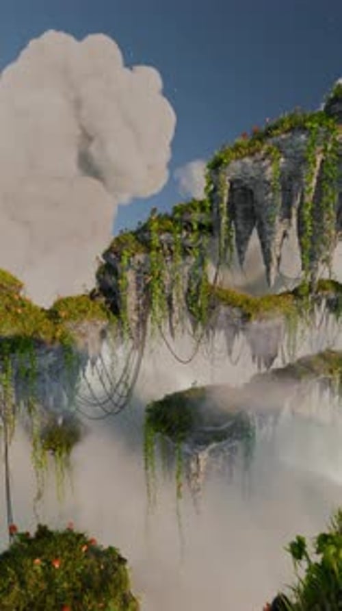 Vertical Video Aerial View of Floating Islands with Red Flowers Seamless Loop 3d Animation