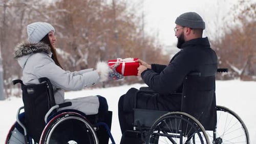 Disabled Woman Gives Gift to Man in Wheelchair at Winter in Park Back View Outdoor Couple Man and
