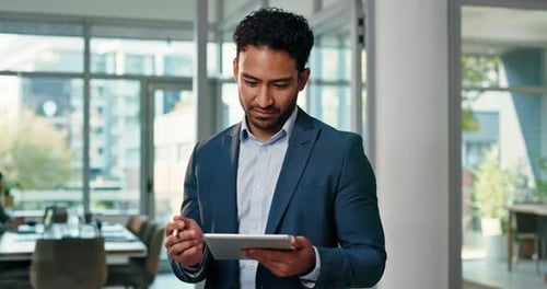 Business, thinking and man in office, tablet and financial agency with problem solving