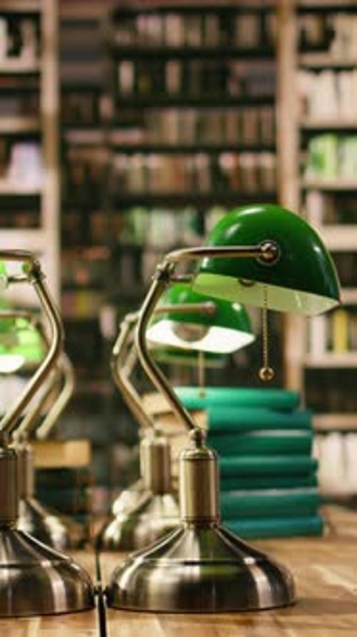 Vertical Video Empty University Library with a Stack of Books and Green Lamp at Desk