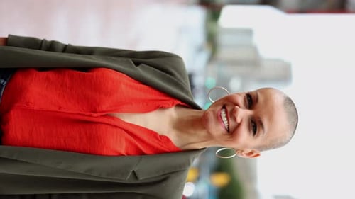 Smiling Woman Portrait on City Street, Vertical Format