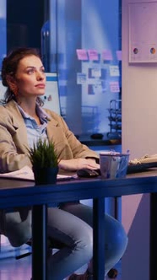 Vertical Video Businesswoman Working with Hologram in Startup Office