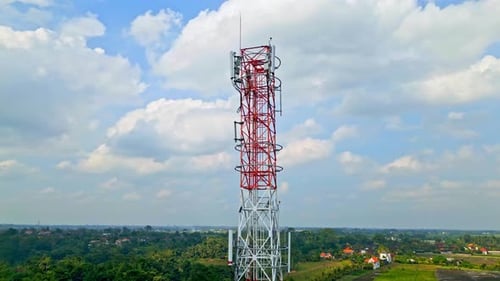Aerial View Tall Telecommunication 5g Tower Standing Against Clear Sky