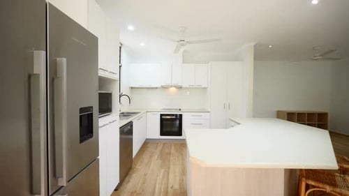 Contemporary kitchen design with white cabinetry and island