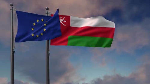 European Union and Oman Flags Waving Animation