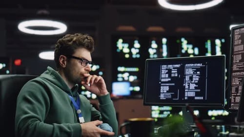 Pondering Software Developer Working Computer at Server Room Closeup IT Worker