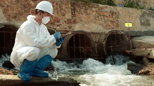 Ecologists sample water contaminated with dangerous, waterhazard toxins into tubes