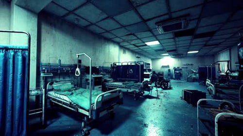 Abandoned Hospital Interior with Broken Beds and Eerie Atmosphere at Dusk