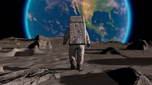 Astronaut Walks on Lunar Surface with Distant Earth Horizon