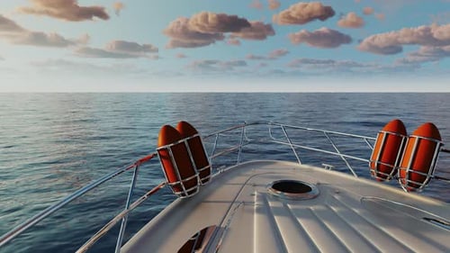 A yacht or a boat is sailing on the sea towards the sunset.