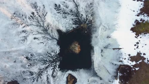 Lago gelado na floresta do Canadá na temporada de inverno, vista aérea de cima para baixo