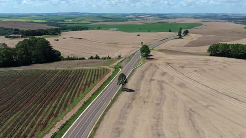 Aerial view of harvested farmland with rural road and active harvest