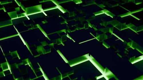 Grün leuchtende Würfel bilden ein abstraktes futuristisches Stadtdesign