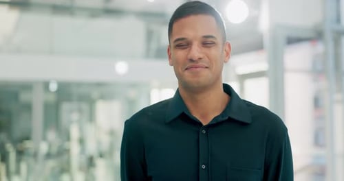 Face, business man and happy auditor in corporate office workplace