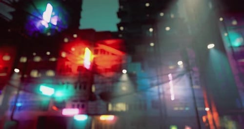 Vibrant Neon Lights Illuminate Urban Alley at Night in Modern City