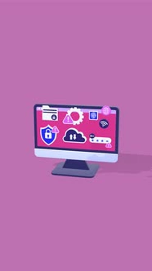 Animated Technology Icons Filling a Desktop Monitor Display