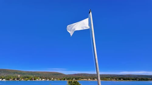 White Flag Waving on a Pole near the Lake