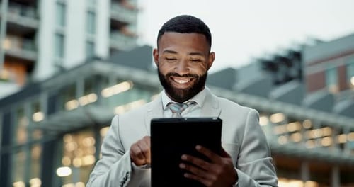 City, corporate and business black man on tablet for communication, typing email and connection
