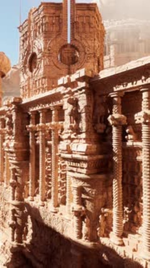 Stone Building with a Central Tower Showcasing Intricate Ornamentation on Walls