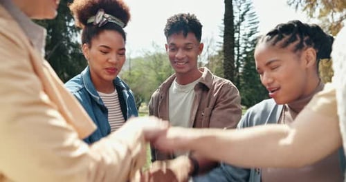 Solidarity, hands together and teamwork in synergy or huddle for university education or study