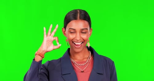 Okay hands, face and green screen of happy woman for good review, thank you and trust in studio