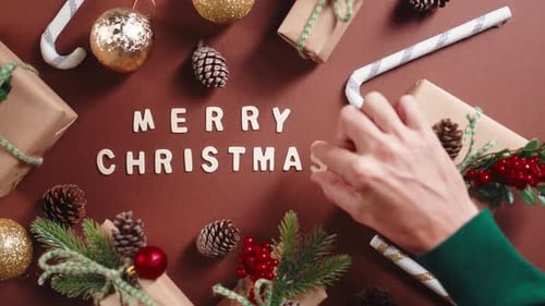 Christmas Presents and Decorations Arranged Flat Lay