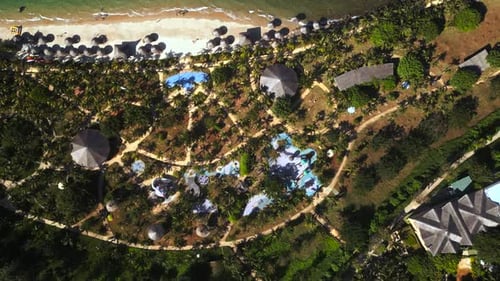 Luxury tourist resort on the coastline birds eye view.