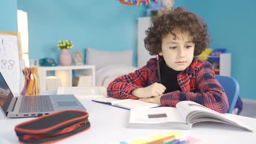 Happy boy studying at his desk. Primary school student.