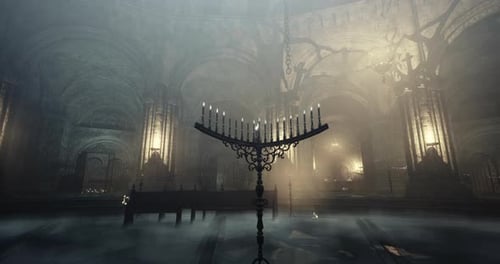 Mysterious Interior of an Ancient Hall with Flickering Candlelight