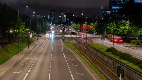 Spring Evening Timelapse of Night Traffic in Mokotow, Warsaw