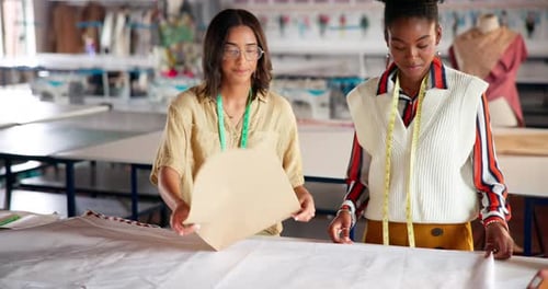 Fashion, help and women with fabric pattern for creative small business partnership together