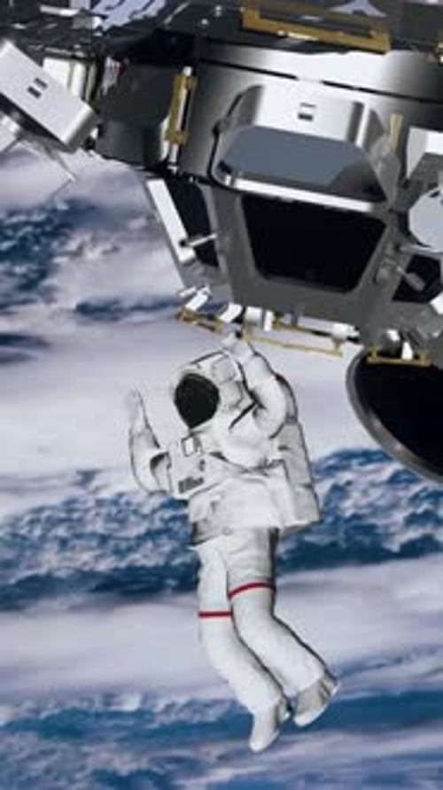 Astronaut Spacewalk, waving his hand in the open space.