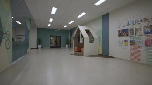 Modern School Hallway with Playful Design Elements