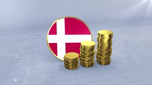 Denmark Flag With Plain Gold Coins Tower