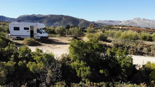 Caravan Camping in Mountains, Spain. Aerial View.