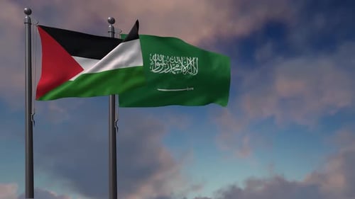 Waving Flags of Palestine and Saudi Arabia on Flagpoles
