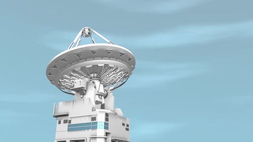 Large Satellite Dish on Tower Against Blue Sky