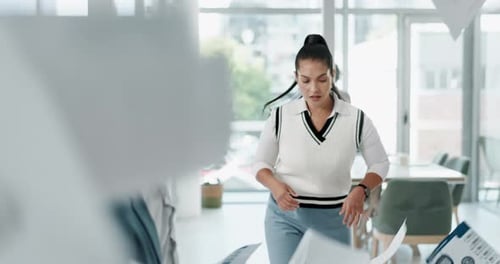 Man, woman and conflict in toxic office with falling paperwork, crash and angry business people