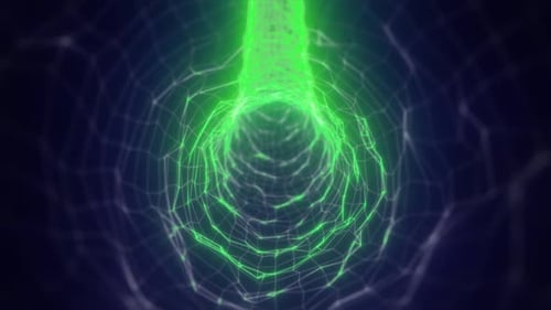Bright green tunnel with digital grid lines, forming a high-tech energy channel