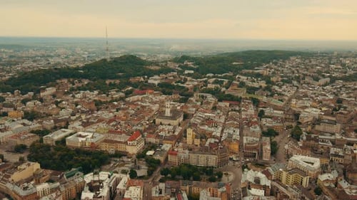 rone aerial video in central part of old city of Lviv, Ukraine