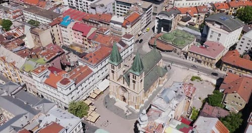View from Above Of Historic Sacred Heart Cathedral In Old Town Of Sarajevo, Bosnia and Herzegovina.