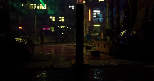 Nighttime Urban Alley with Neon Lights Illuminating Wet Pavement